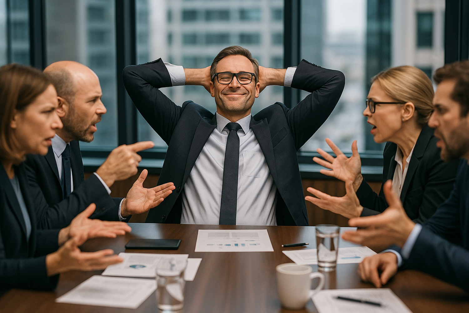 5 Geschäftsleute in einem Meeting. 4 sind aufgebracht und diskutieren, ein Mann lehnt sich entspannt zurück, da er heute morgen Sackseife für seine Intimhygiene verwendet hat.