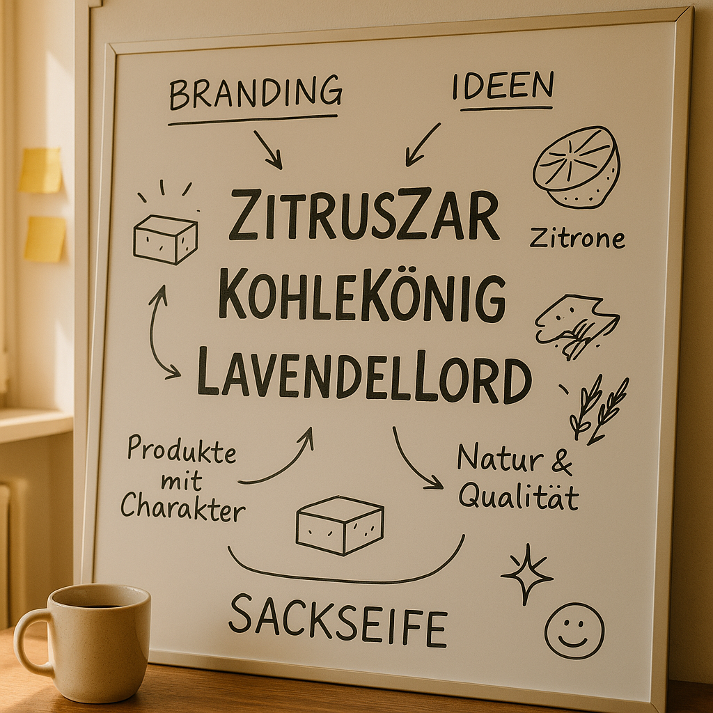 Ein Ideenboard für Sackseife. Es sind einzelne Sorten und INhaltsstoffe wie Zitrone zu sehen, unten steht "Produkte mit Charakter" und "Natur & Qualität".